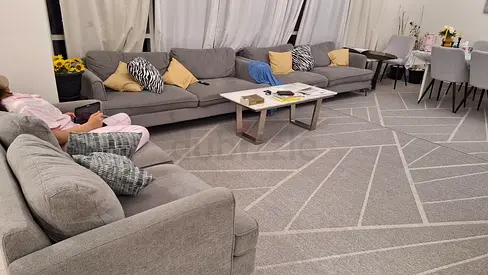 Large grey sectional sofa with matching geometric rug - good condition