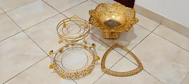 Set of Vintage Decorative Gold-Plated Serving Bowls and Holders