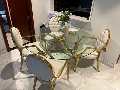 Glass Top Dining Table with 4 Gold-Framed Upholstered Chairs  Accessories