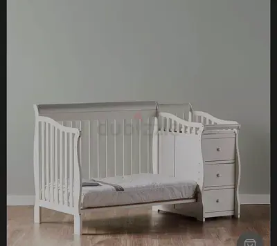 White Convertible Baby Crib with Changing Table and Shelves and mattress