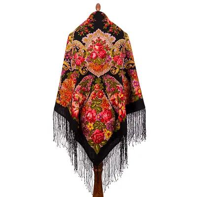 BRAND NEW Russian Pavlovo Posad 100% Wool with Silk fringes Shawl 148x148 cm