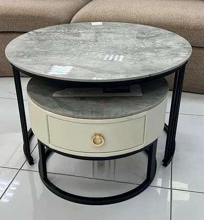 Round Marble-Top Nesting Coffee Table with Drawer (Set of 2)