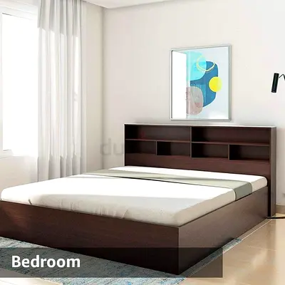 Dark Wood Platform Bed with Built-in Headboard Shelves -king Size