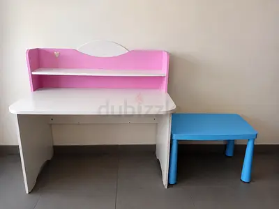 Kids study desk with shelf and small side table - pink  white
