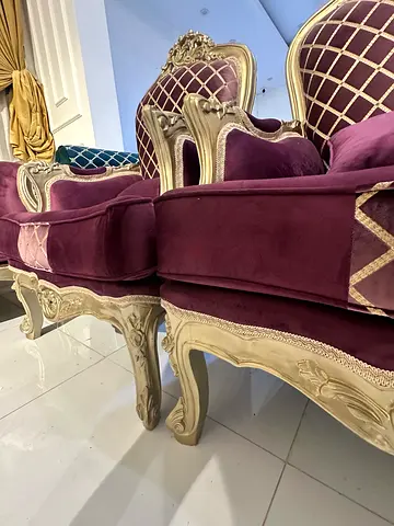 Ornate Burgundy Velvet Sofa Set with Carved Wooden Frame