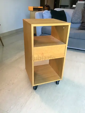 Compact oak mobile storage trolley with shelves on wheels