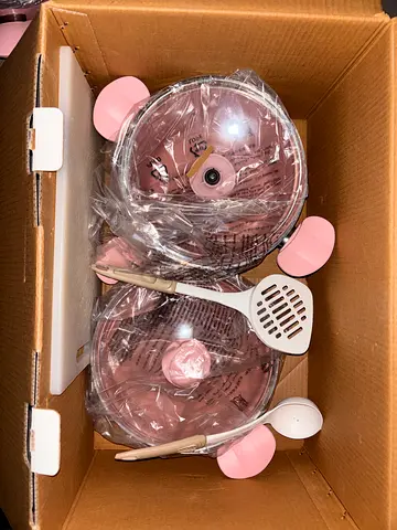 Set of Pink Non-stick Pots with Lids and Serving Utensils