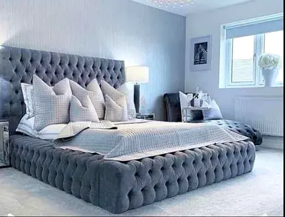 Tufted Grey Velvet King Bed with Headboard — Contemporary Low Platform