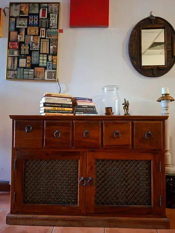 Wooden Cabinet with Metal Lattice Doors with 5 drawers