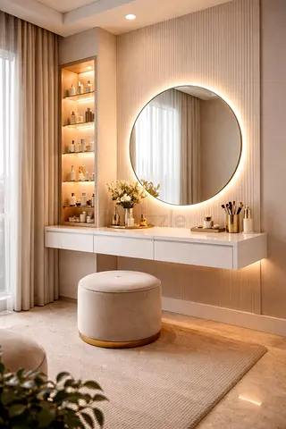 Modern Floating Dressing Table with Backlit Mirror and Ottoman