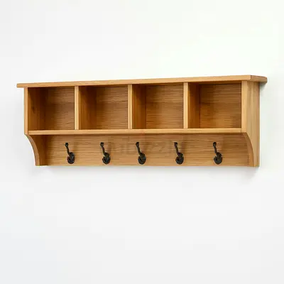 Wall-mounted wooden coat rack with shelf and 5 hooks