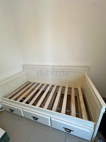 Single Bed with pull-out second bed, wooden, white, 210x95cm, with 2 mattresses