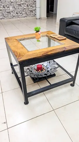 Solid Wood Glass Coffee Table with Metal Frame