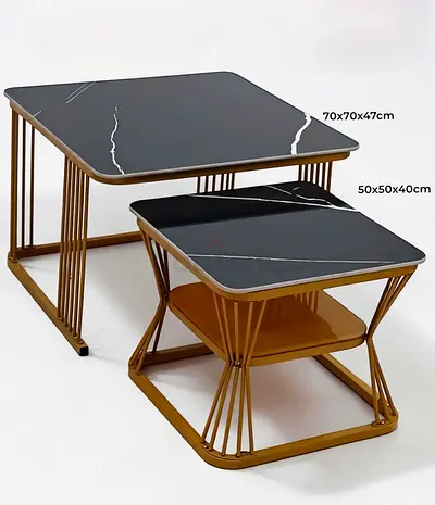 Set of 2 Modern Marble-Top Nesting Side Tables with Gold Frame
