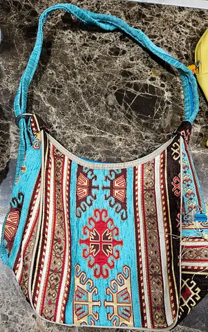 Boho woven shoulder bag with turquoise and ethnic print