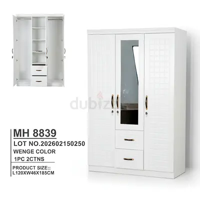 Modern White 3-Door Wardrobe with Mirror and Drawers