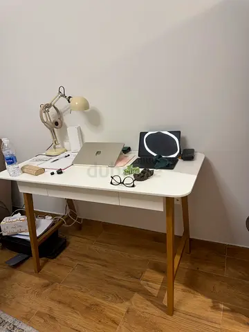 White Scandinavian Style Study Desk with Wooden Legs - Good Condition