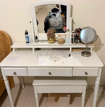 White Dressing Table with Mirror and Bench - Good Functional Condition