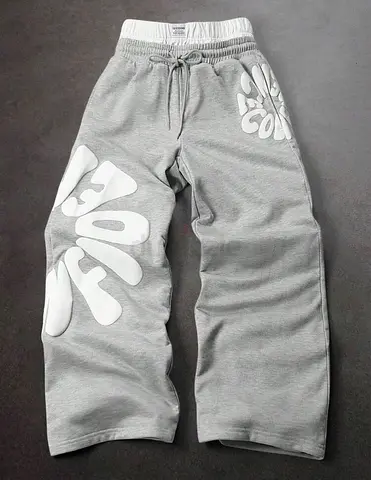 Grey casual wide-leg sweatpants with white print