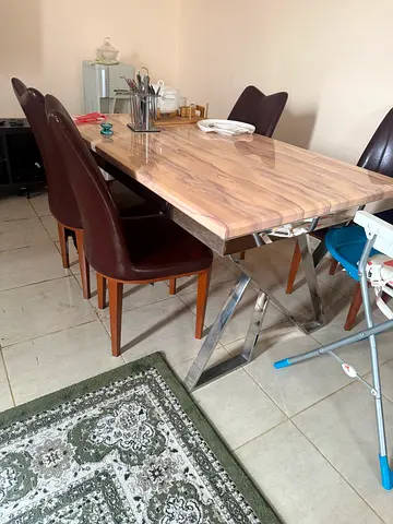 Wooden Dining Table with 4 Leather Chairs - Good Condition