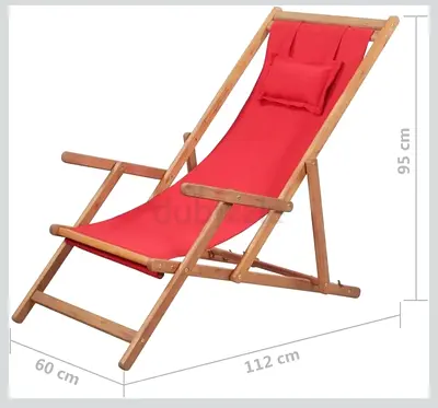 Two Wooden Folding Deck Chair with Red and Gray Fabric Sling