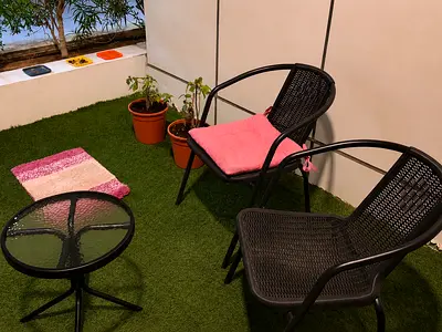 Outdoor Balcony / Patio Set – 2 Black Chairs + Round Glass Table