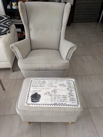 Beige Wingback Armchair with Matching Ottoman