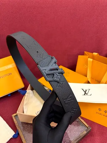 Black Louis Vuitton embossed leather belt with LV buckle