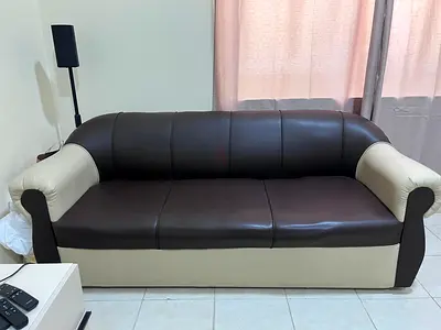 3-Seater Brown  Beige Leather Sofa - Good Condition