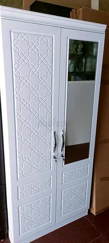White Two Door Wardrobe with Mirror and Patterned Design