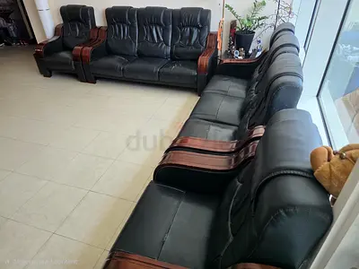 Black Leather3+3+1+1 Seater Living Room Sofa Set with Wooden Accents