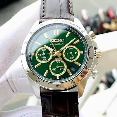 Seiko Chronograph Men’s Watch — Green Dial, Brown Leather Strap - SBTR017