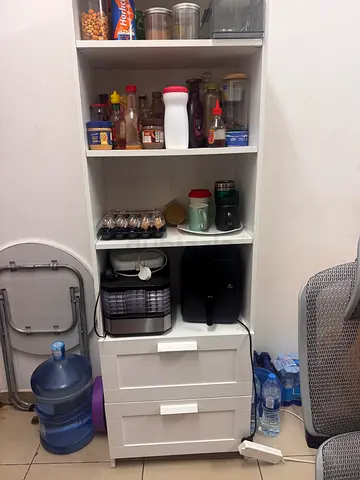 White Kitchen Storage Cabinet with Shelves and Drawers