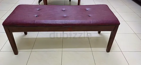 Wooden Bench with Burgundy Leather Seat — Good Condition