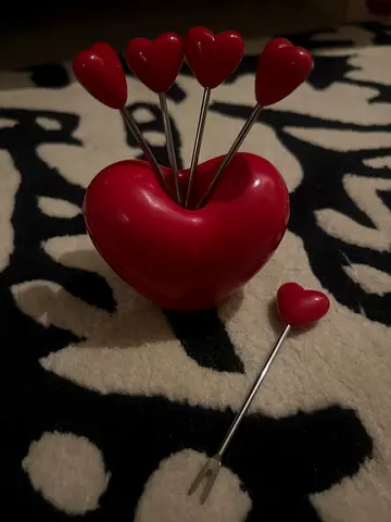 Red Heart Shaped Fruit Fork Set with heart shape Holder good for Romantic table decorations - No box