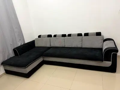 L-shaped 4-Seater Fabric Sofa with Chaise - Grey  Black
