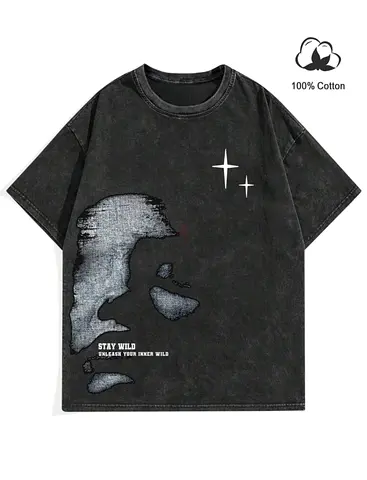 Mens Black Graphic Cotton T‑Shirt – Size Medium (Vintage Wash)