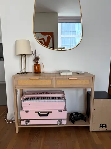 Light Wood Console Table with Rattan Drawers — Good Condition