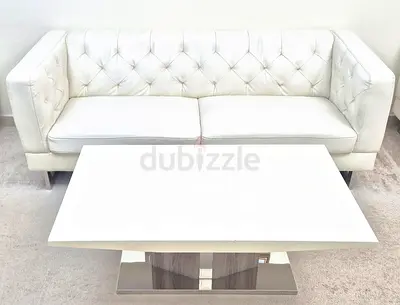 White Tufted 3-Seater Sofa with Matching Modern Coffee Table