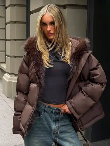 Luxury Brown Puffer Jacket With Faux Fur Size S