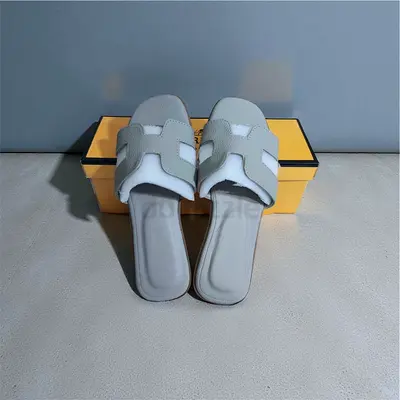 Grey Leather H-Cut Slider Sandals