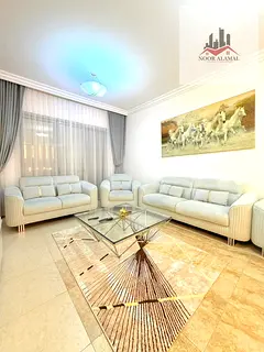Sharjah, Al Taawun area, fully furnished super deluxe apartment, first occupancy. Two bedrooms, livi