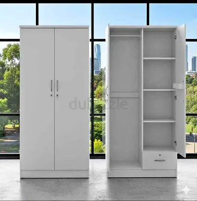 White 2-Door Wardrobe with Shelves and Drawer