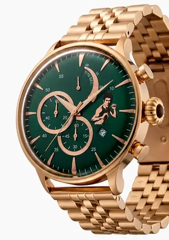 Mens Rose Gold Chronograph Watch with Green Dial (Bruce Lee Motif)
