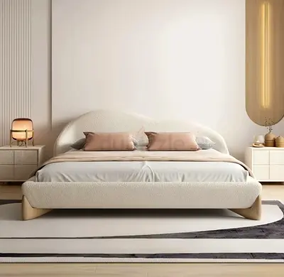 Soft curved headboard super king boucle bed