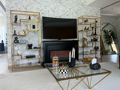 Gold Metal Display Shelves (Set of 2) with Glass Coffee Table and Media Console