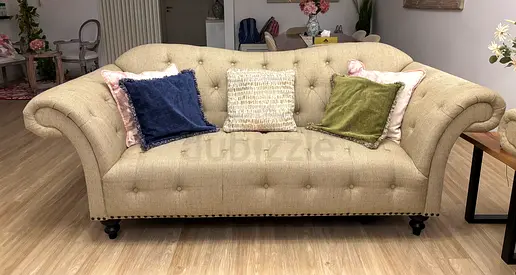 2 piece, Beige Tufted 3-Seater Chesterfield Sofa with Cushions (covers for illustrative purpose)