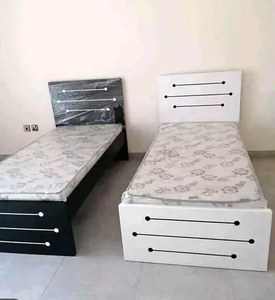 Pair of Single Wooden Beds with Mattresses - Black  White