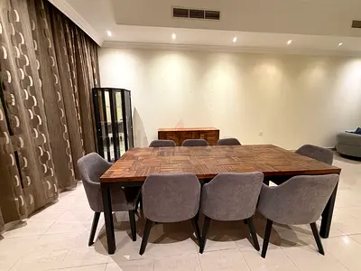 Solid Wood Dining Table with 8 Upholstered Chairs, Side table and a Glass Cabinet