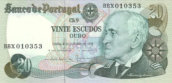 PORTUGAL 20 ESCUDOS BANKNOTE 1978